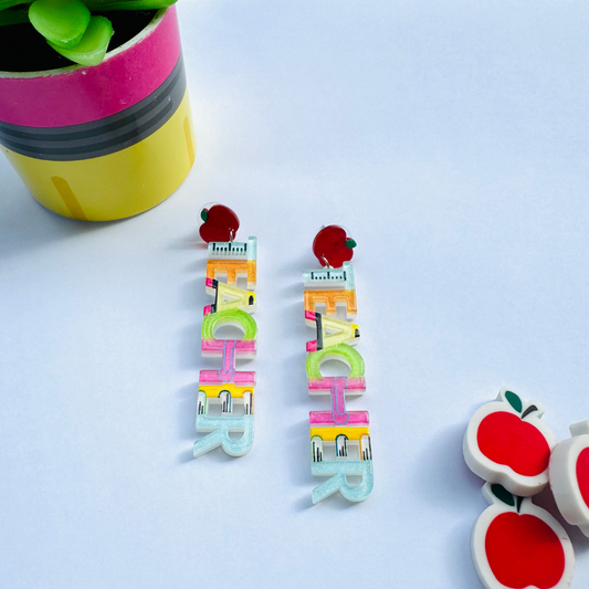 Aretes para maestras con manzana y elementos escolares | Pantallas TEACHER word earrings