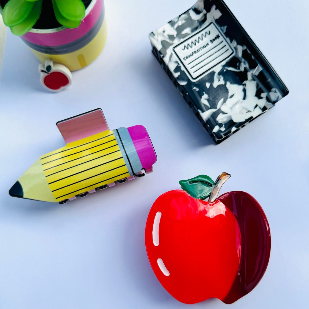 Accesorios de maestra para el cabello en forma de manzana, lápiz y libreta | Apple, pencil and composition book hair clips