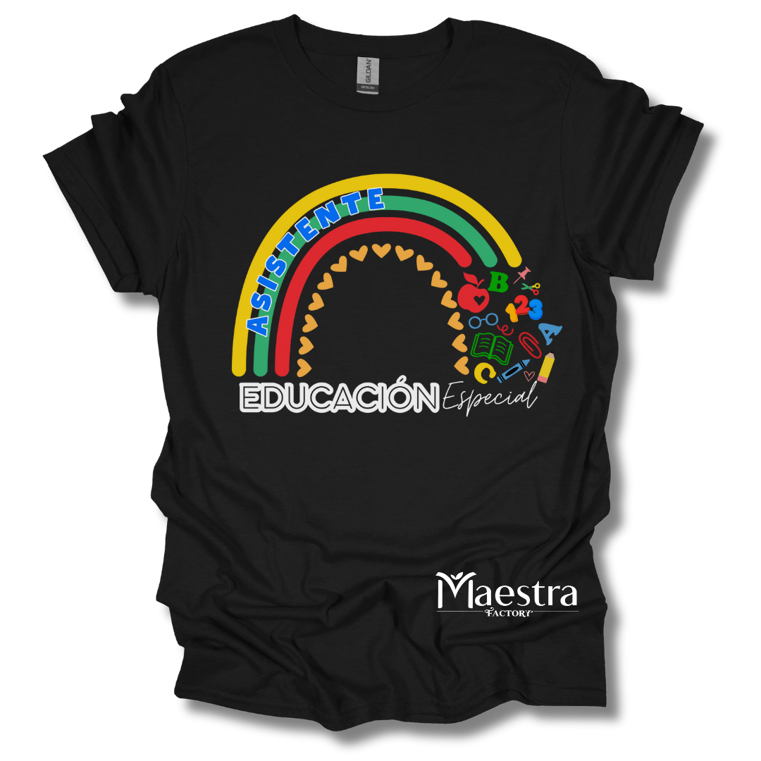 ASISTENTE EDUCACIÓN ESPECIAL | camiseta estampada para asistentes de maestras con diseño de arcoíris para el regreso a clases